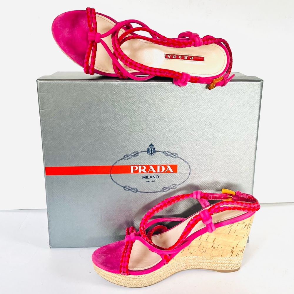 Prada pink suede and raffia  wedge sandals 37.5